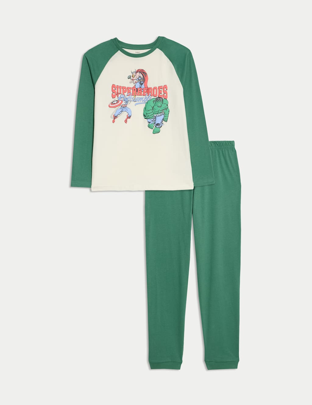 M&S Pure Cotton Avengers Graphic Pyjamas (3-12 Yrs) Green Mix