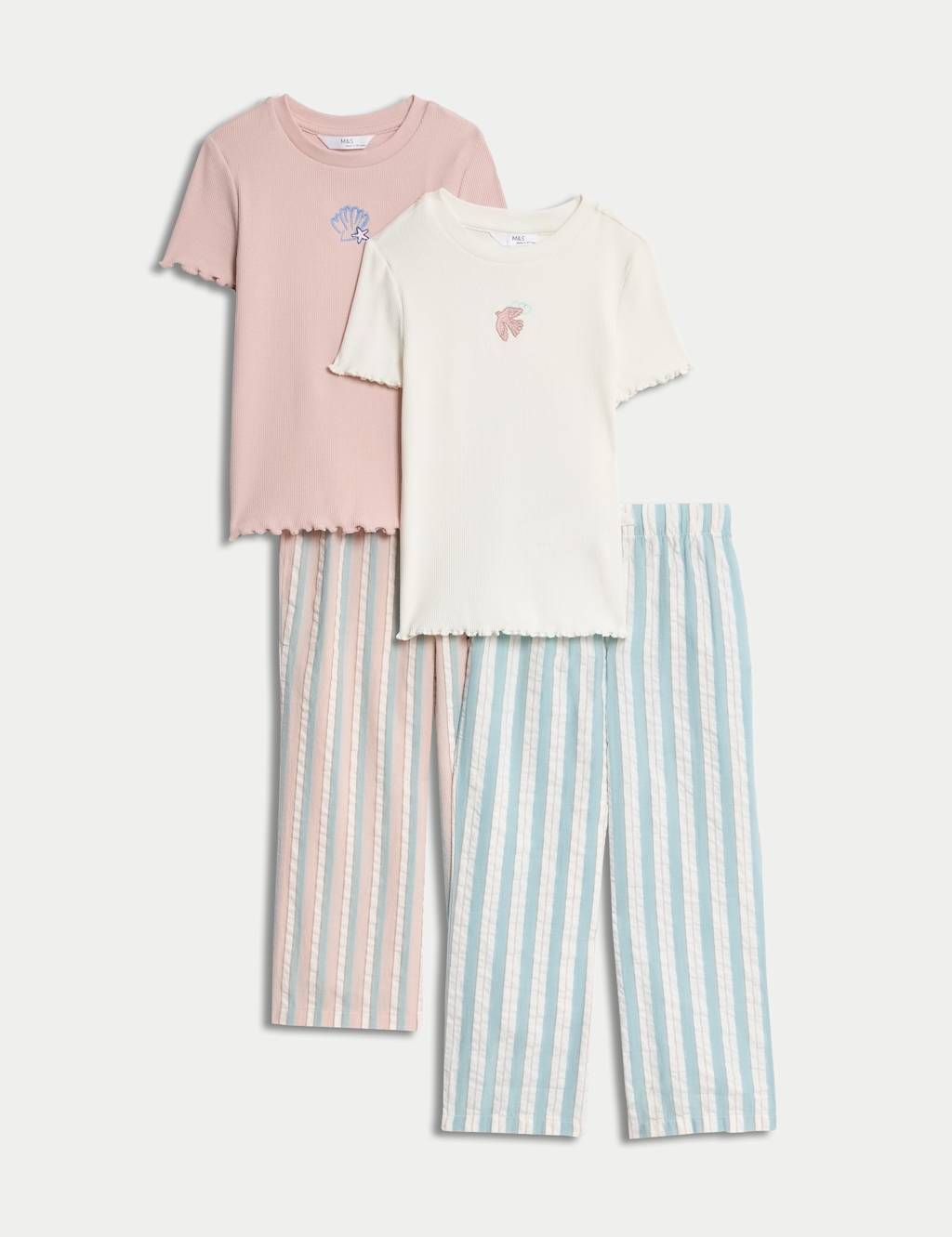 2pk Cotton Rich Ribbed Striped Pyjama Sets (1-16 Yrs)