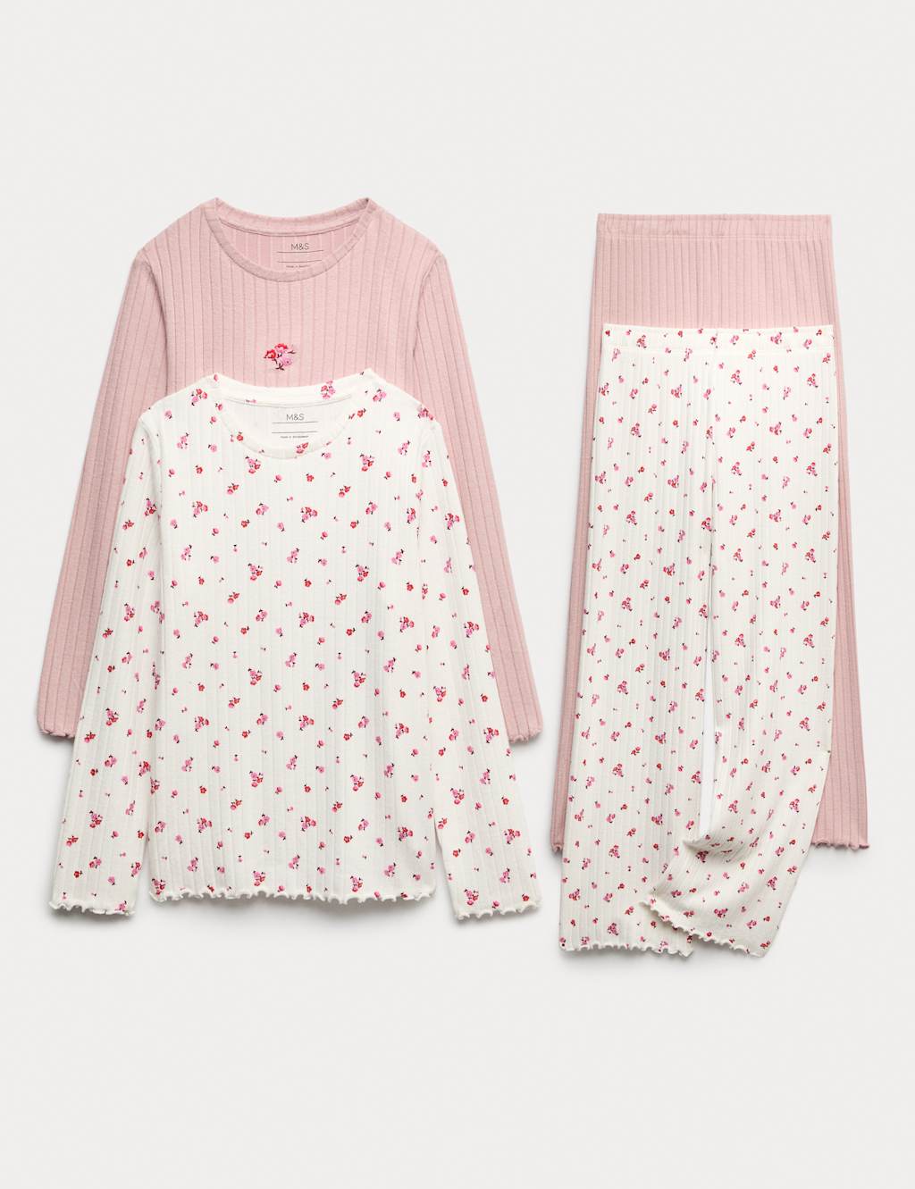 M&S Kids' 2 Pack Floral Ribbed Pyjama Sets (1-16 Yrs) Multi