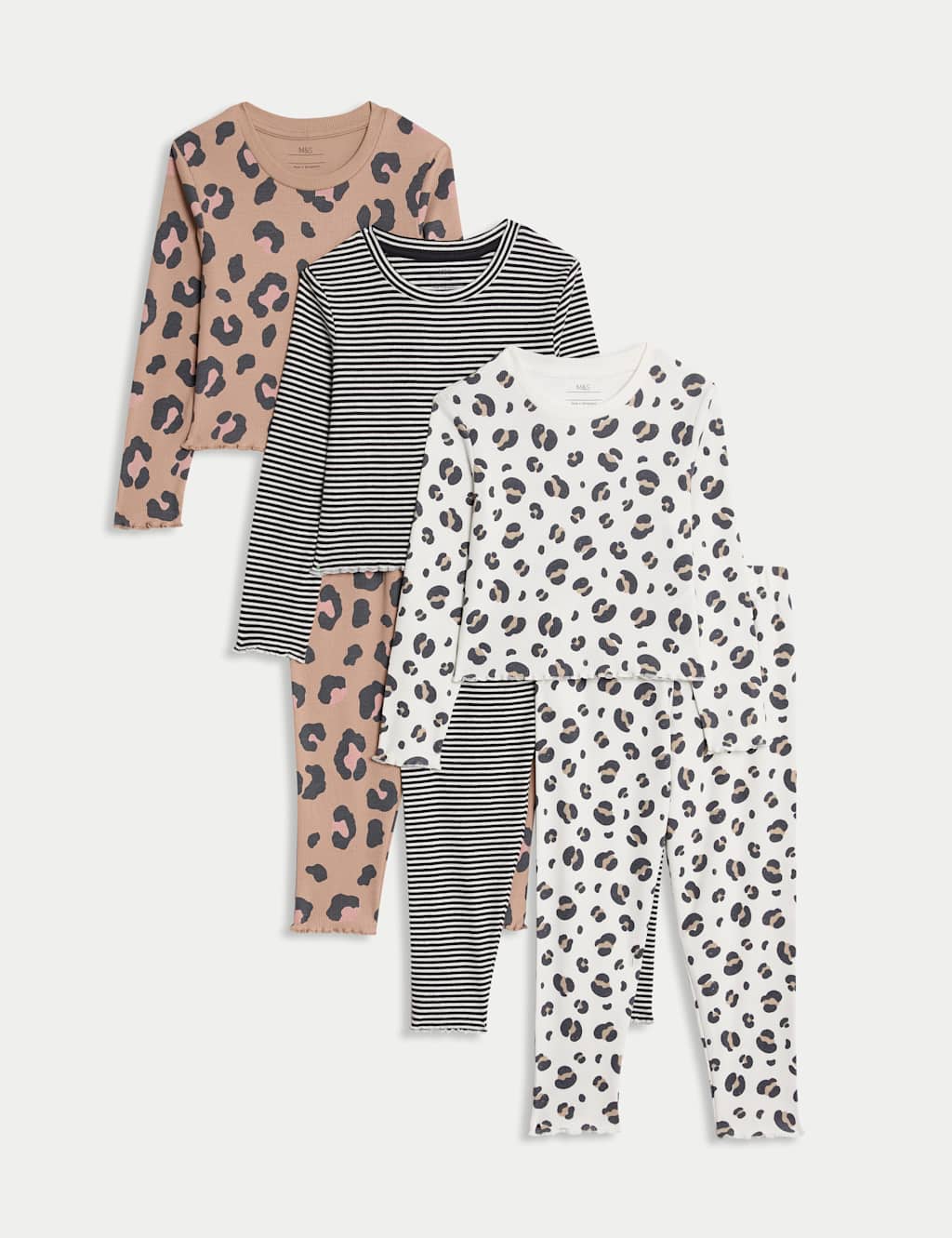 M&S 3pk Cotton Rich Animal Print Pyjama Sets (12 Mths-8 Yrs) Brown Mix
