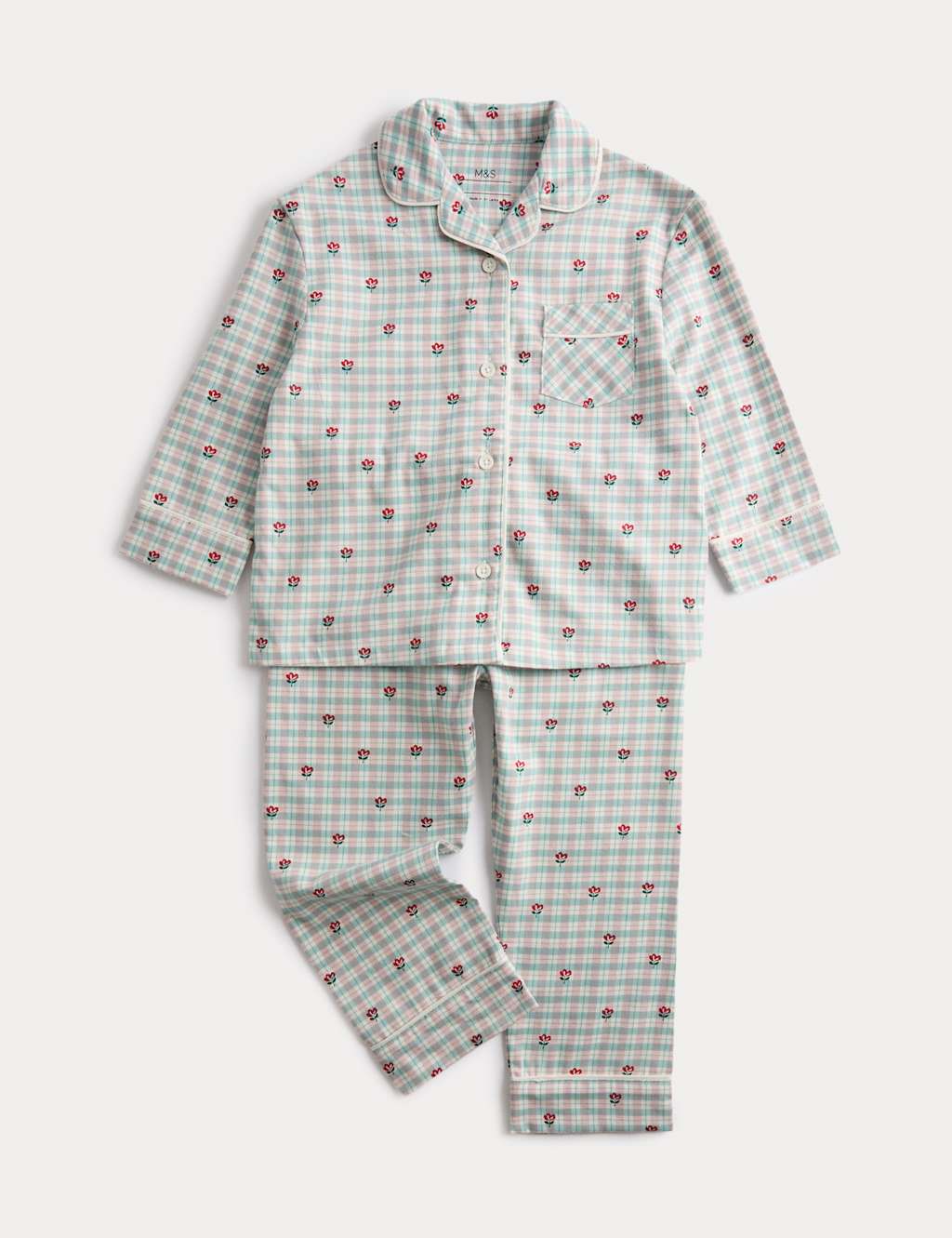 M&S Kids' Pure Cotton Floral Check Revere Pyjamas (12 Mths-8 Yrs) Soft Green