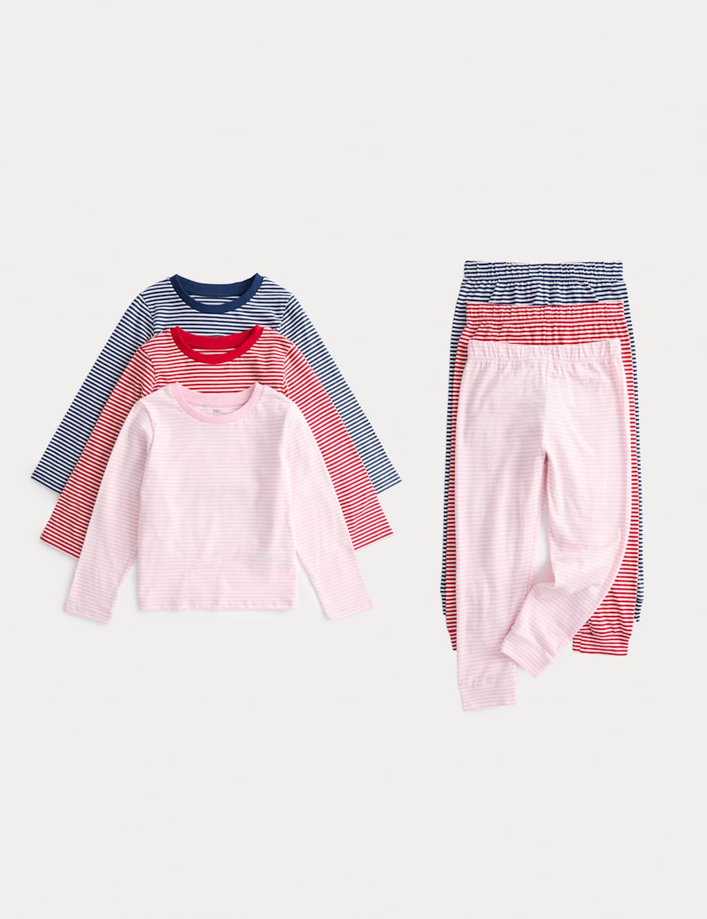 M&S 3pk Pure Cotton Striped Pyjama Sets (1-8 Yrs) Pink Mix