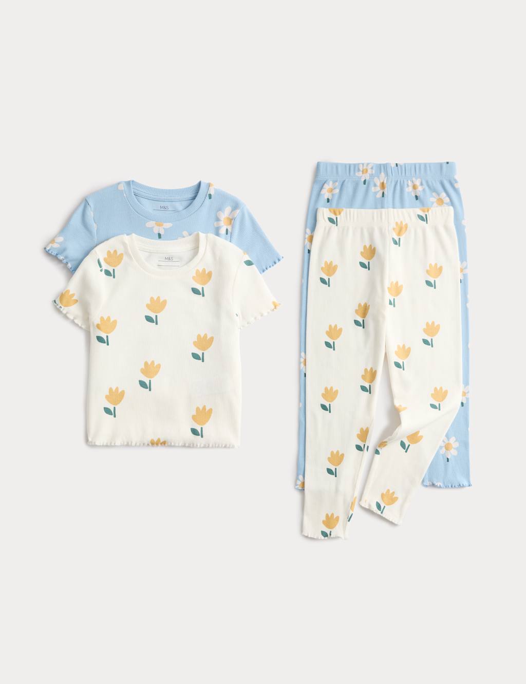 M&S Girls 2 Pack Cotton Rich Floral Pyjama Sets (1-8 Yrs) - 2-3 Years - Blue Mix