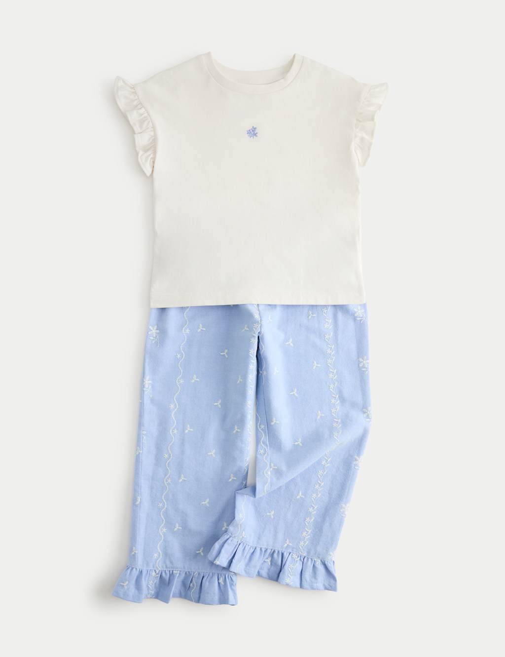M&S Girls 2 Piece Pure Cotton Embroidered Pyjamas (12 Mths-8 Yrs) - 3-4 Years - Ivory Mix