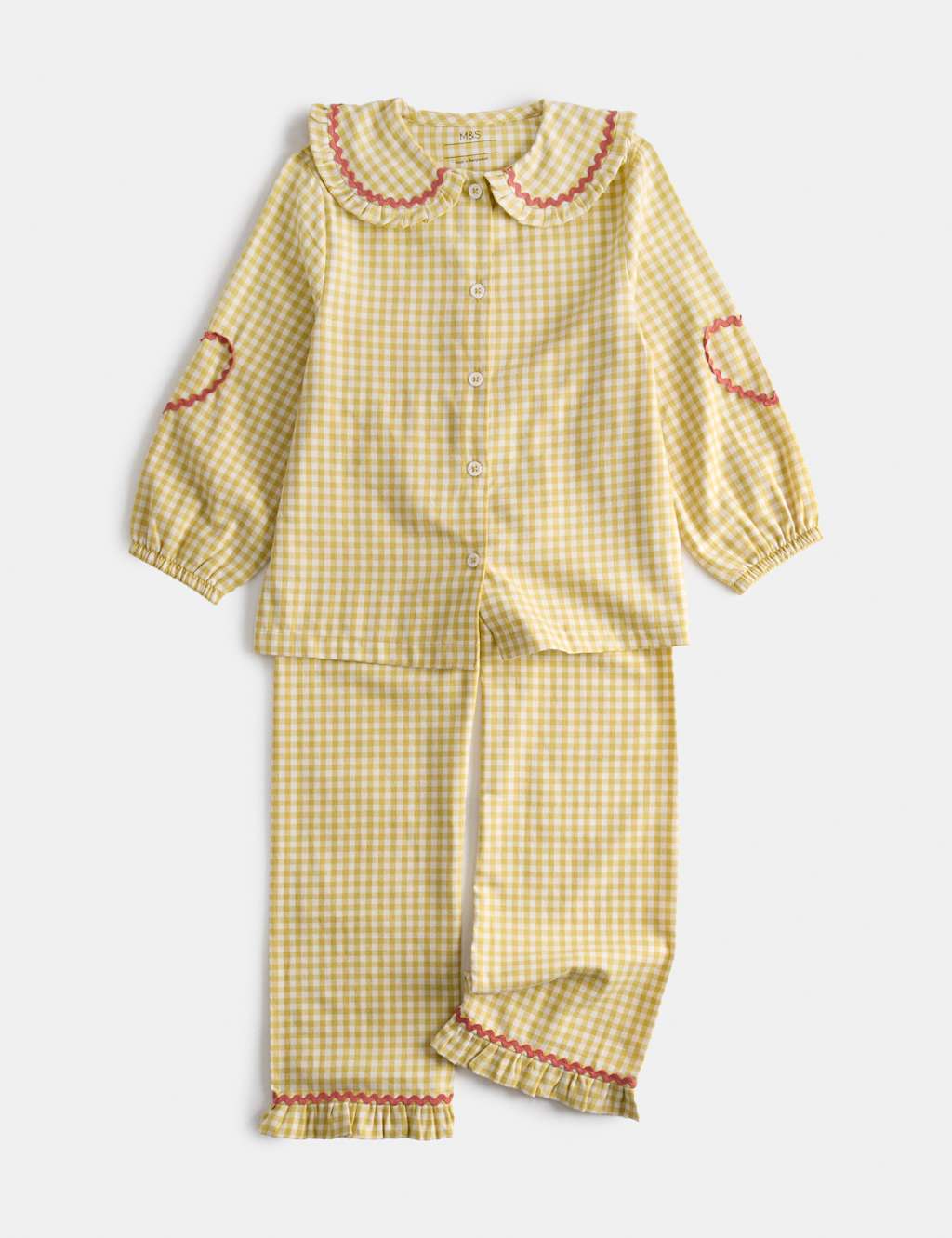 M&S Girls Pure Cotton Frill Checked Pyjamas (9 Mths - 8 Yrs) - 6-7 Years - Yellow Mix