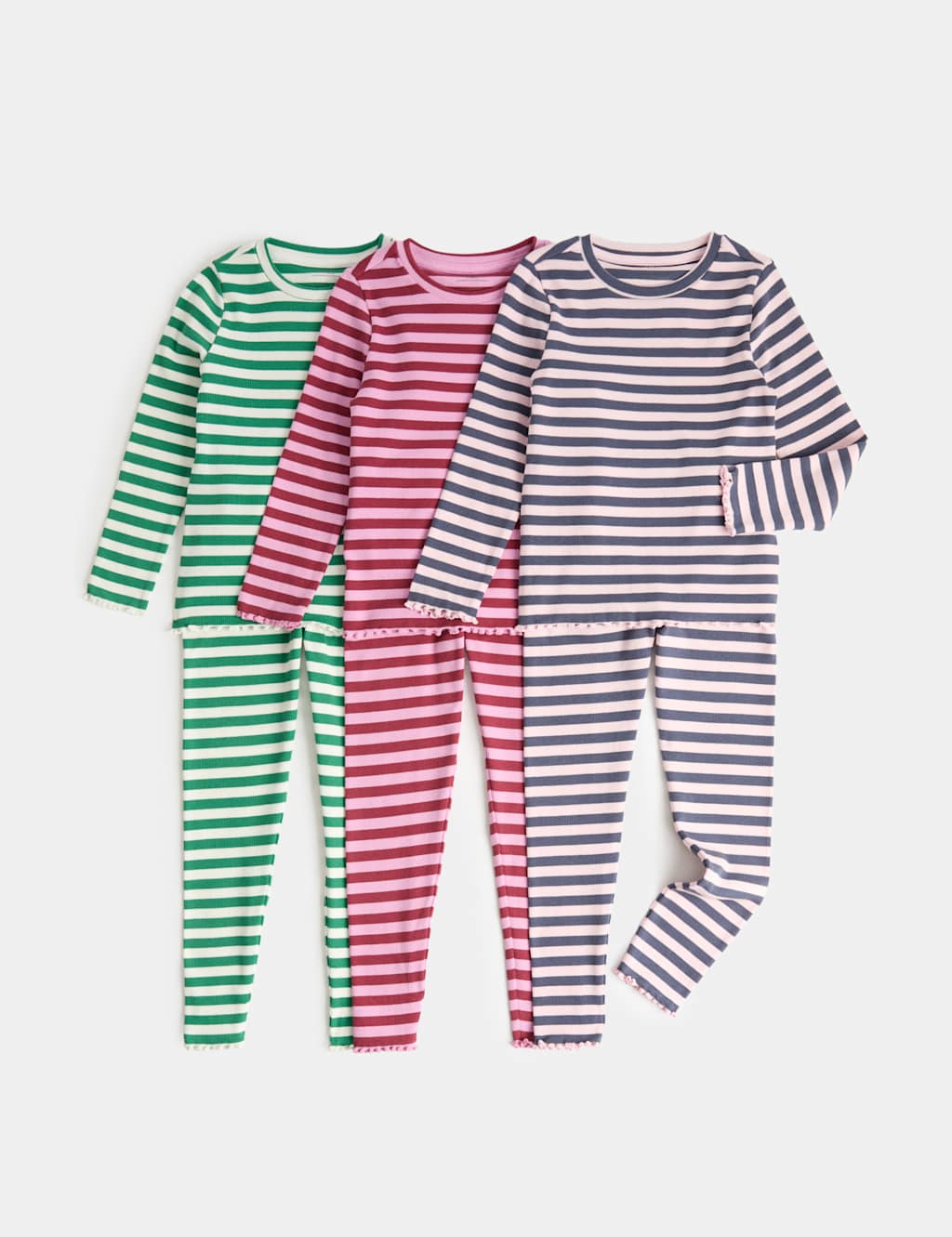 M&S Girls 3 Pack Cotton Rich Ribbed Striped Pyjama Sets (1-8 Yrs) - 2-3 Years - Pink Mix