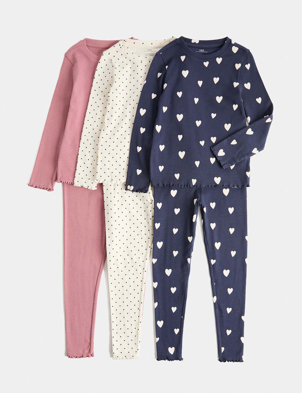 M&S Girls 3 Pack Cotton Rich Ribbed Heart Print Pyjama Sets (1-8 Yrs) - 7-8 Years - Multi