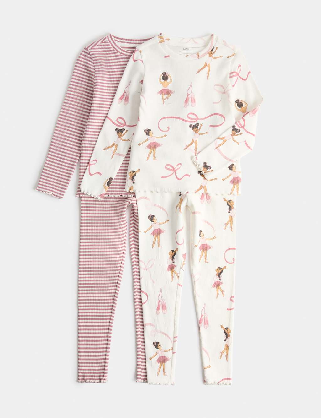 M&S Girls 2 Pack Cotton Rich Ribbed Ballerina Pyjama Sets (1-8 Yrs) - 18-24 Months - Pink Mix