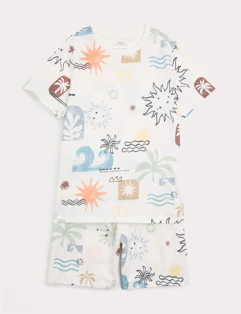 M&S Boys Pure Cotton Printed Short Pyjamas (1-10 Yrs) - 18-24 Months - Ecru Mix