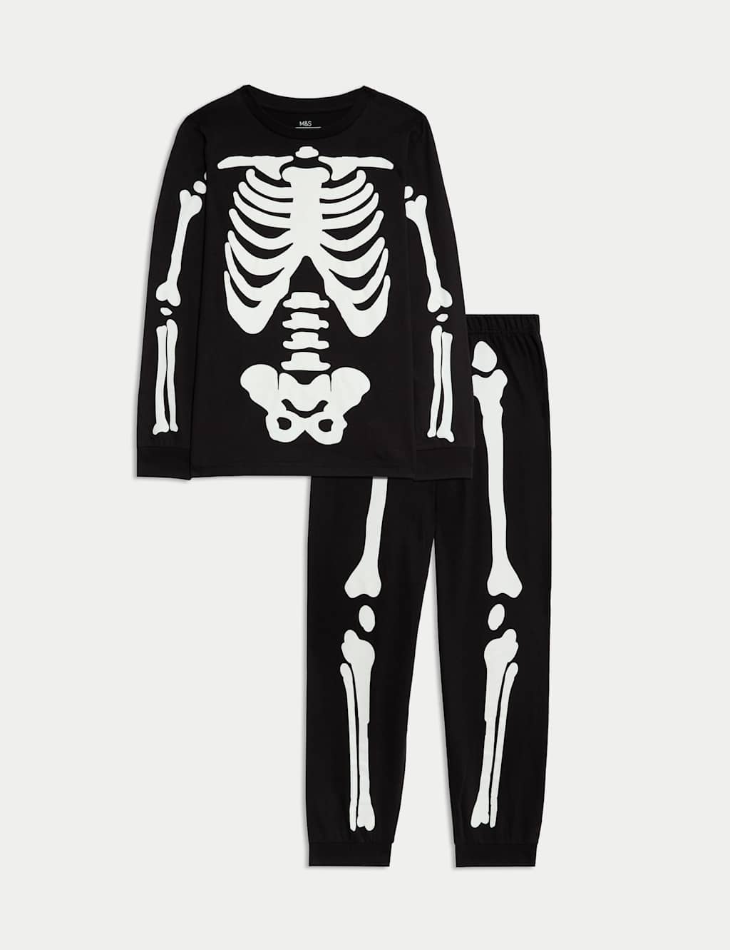 M&S Pure Cotton Glow in the Dark Skeleton Pyjamas (1-16 Yrs) Black