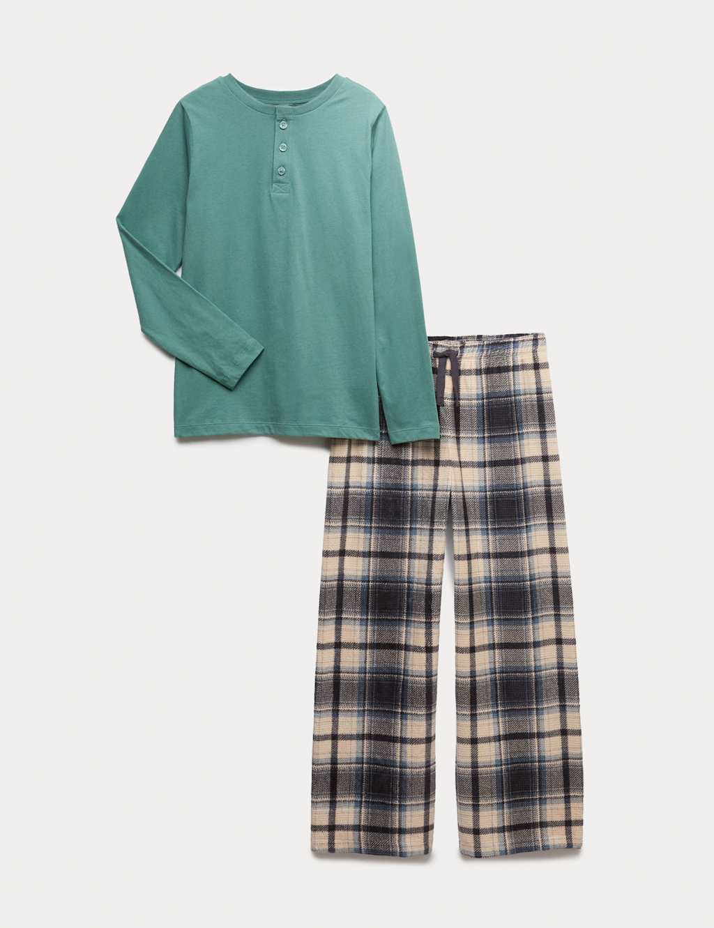 M&S Cotton Rich Fleece Checked Pyjamas (3-14 Yrs) Green Mix