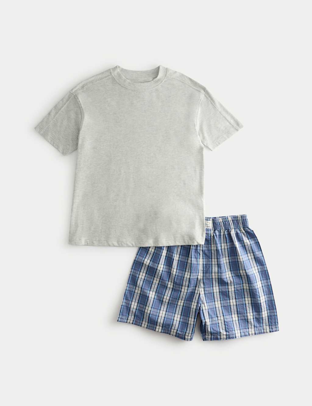 M&S Boys Pure Cotton Checked Short Pyjamas (6-16 Yrs) - 6-7 Years - Blue