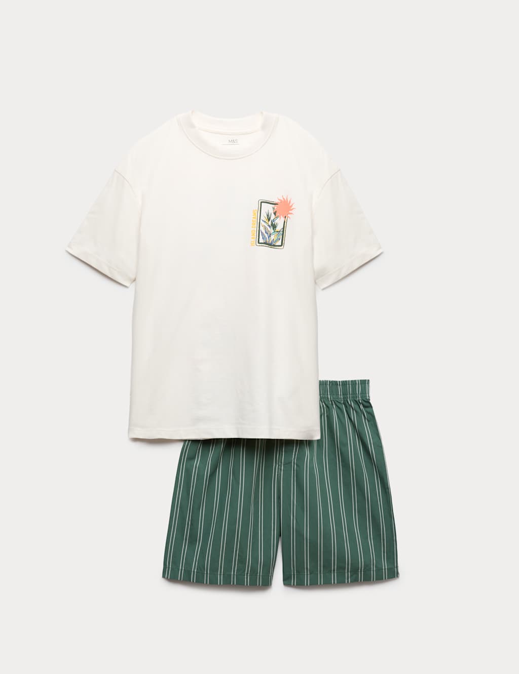 M&S Boys Graphic Striped Short Pyjamas (6-16 Yrs) - 14-15 Years - Green Mix