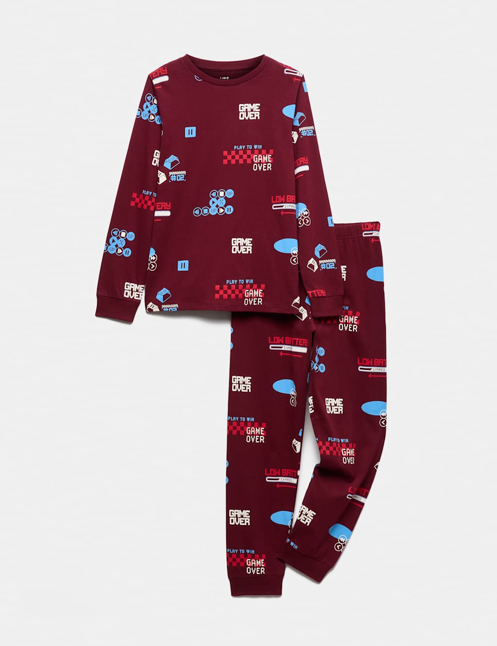 M&S Boys Pure Cotton Gaming Print Pyjamas (1-16 Yrs) - 9-10 Years - Burgundy Mix