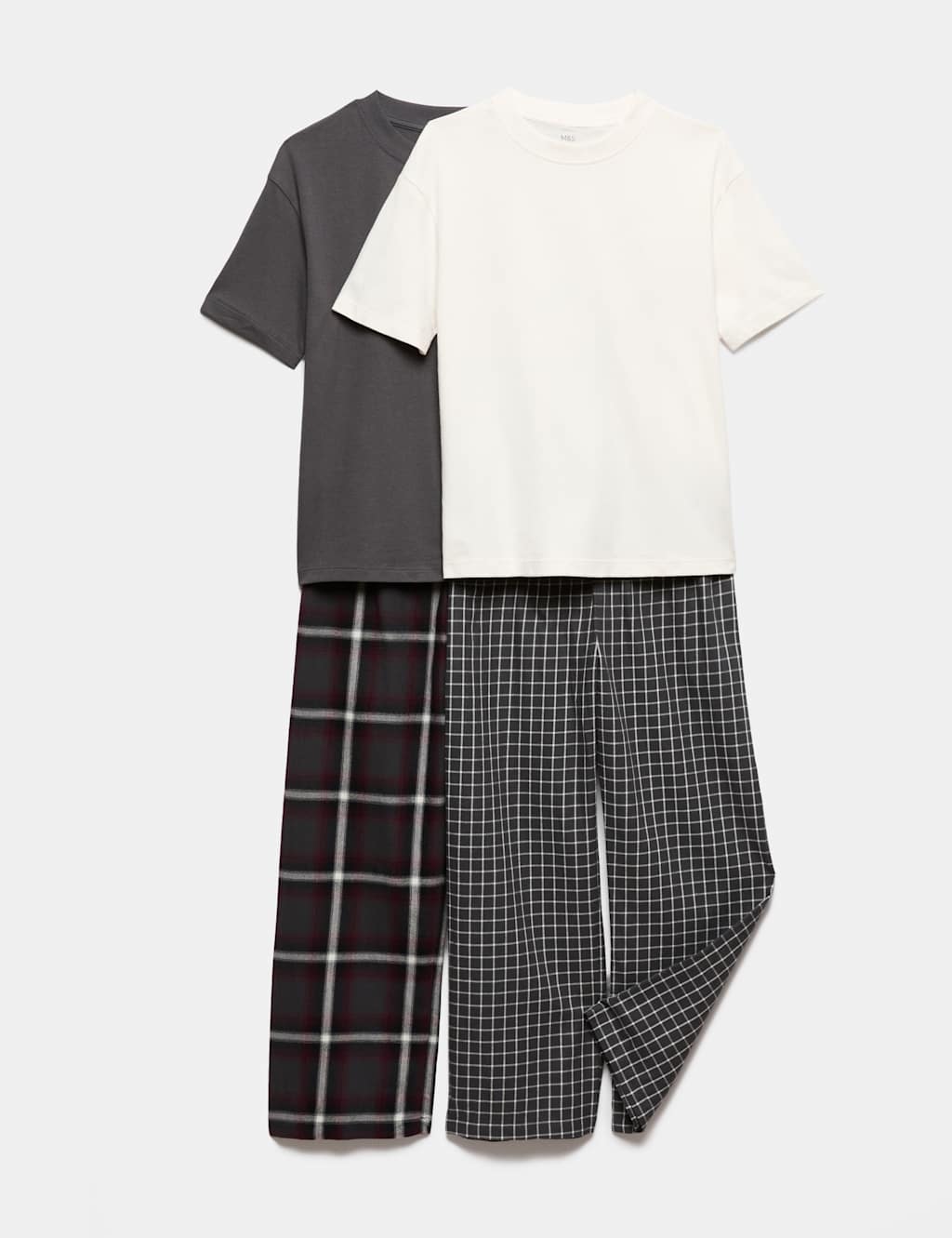 M&S Boys 2 Pack Pure Cotton Checked Pyjama Sets (6-16 Yrs) - 9-10 Years - Grey Mix