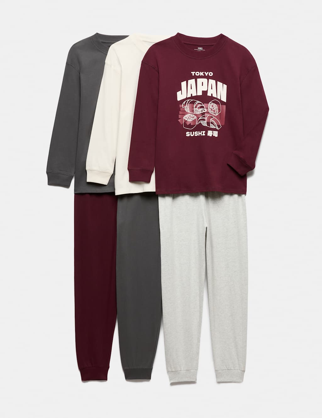 M&S Boys 3 Pack Pure Cotton Sushi Graphic Pyjama Sets (1-16 Yrs) - 2-3 Years - Grey Mix