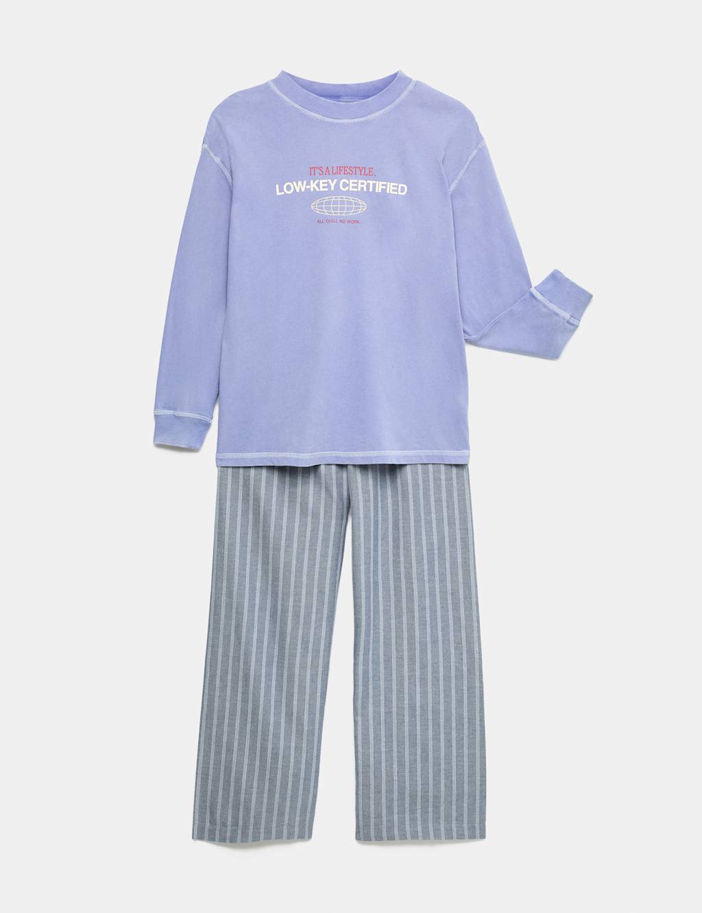 M&S Boys Pure Cotton Slogan Pyjamas (6-16 Yrs) - 6-7 Years - Blue Mix