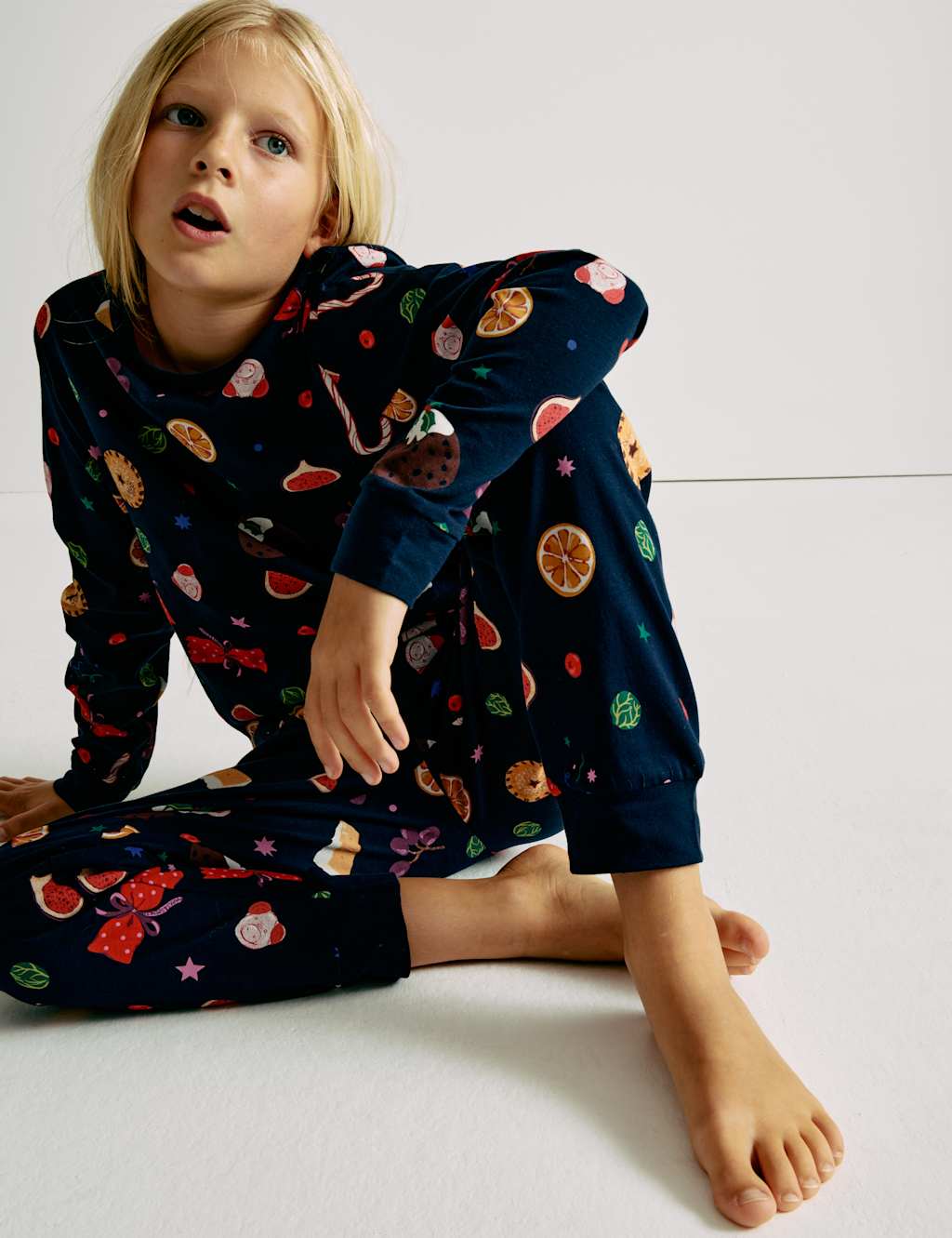 M&S Pure Cotton Family Christmas Food Pyjamas (2-16 Yrs) Navy Mix
