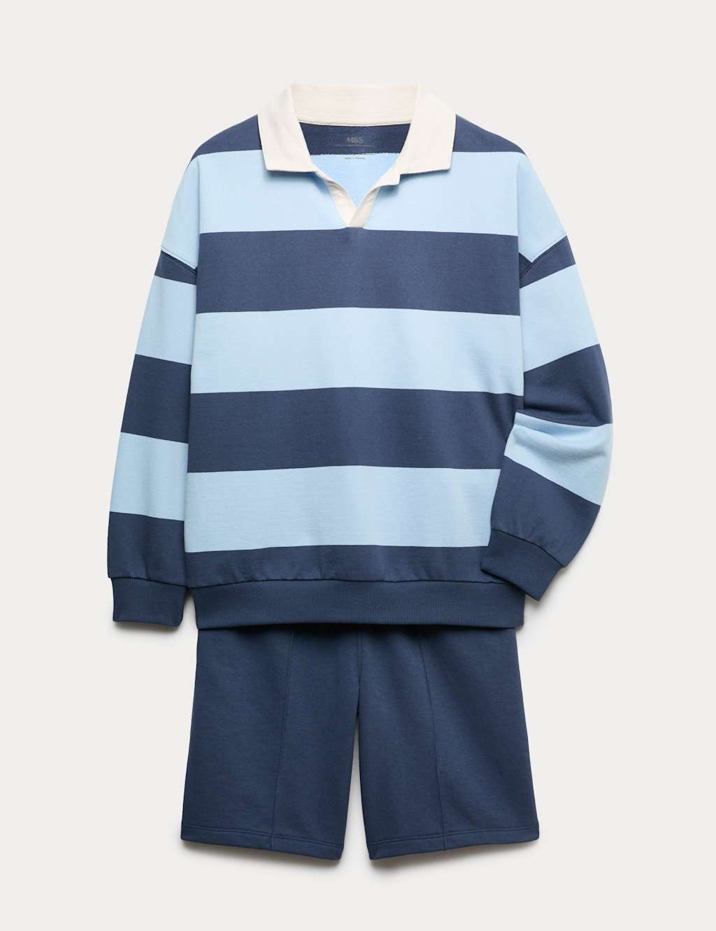 M&S Boys Pure Cotton Rugby Top & Shorts Set (6-16 Yrs) - 6-7 Years - Navy Mix