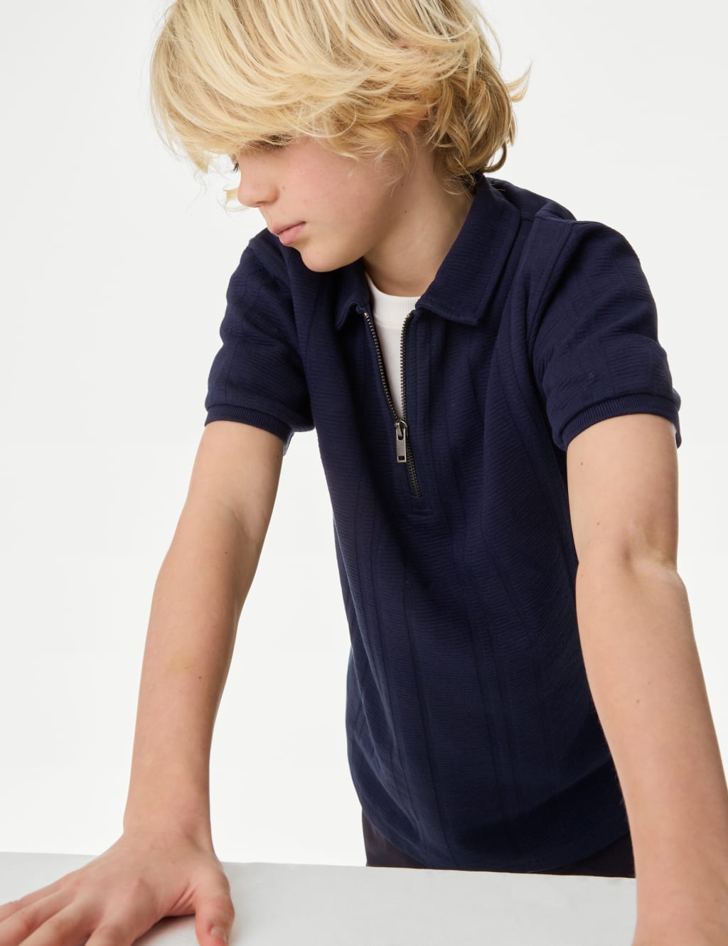 Pure Cotton Textured Zip Polo Shirt (2-16 Yrs)
