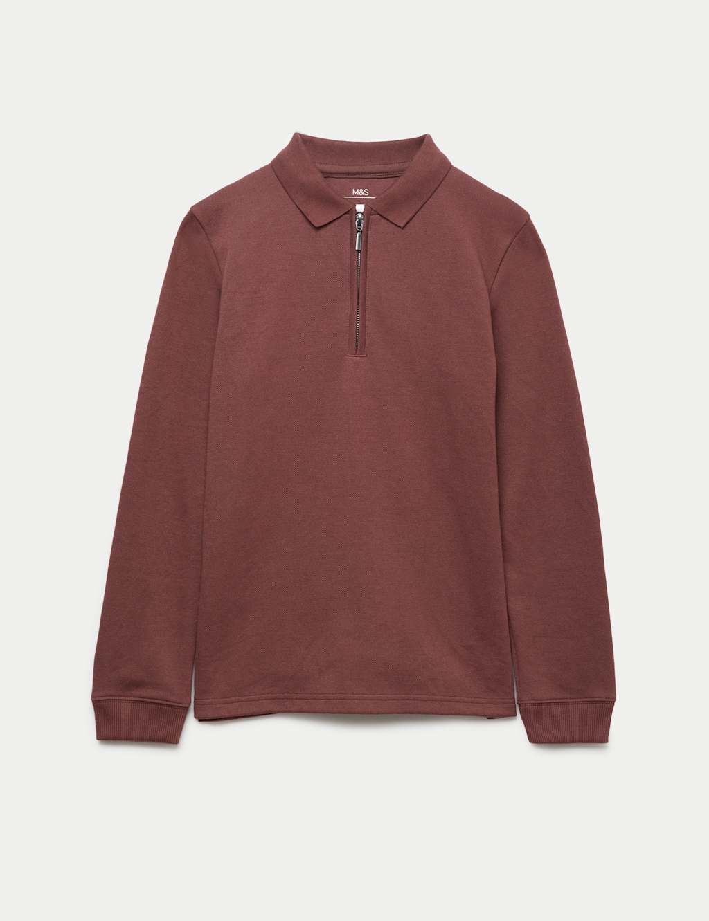 M&S Cotton Blend Pique Half Zip Polo Shirt (6-16 Yrs) Rosewood