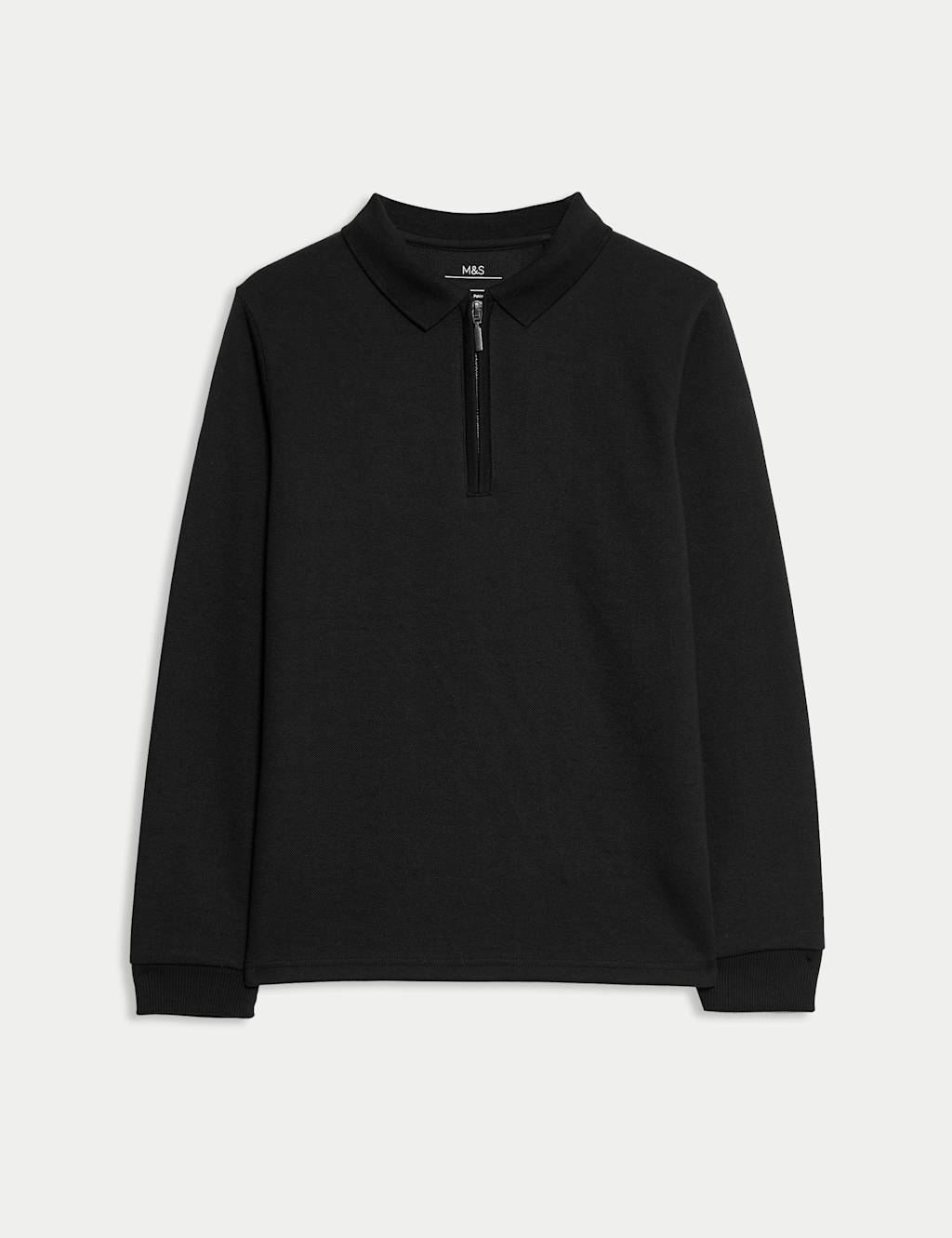 M&S Cotton Blend Pique Half Zip Polo Shirt (6-16 Yrs) Black