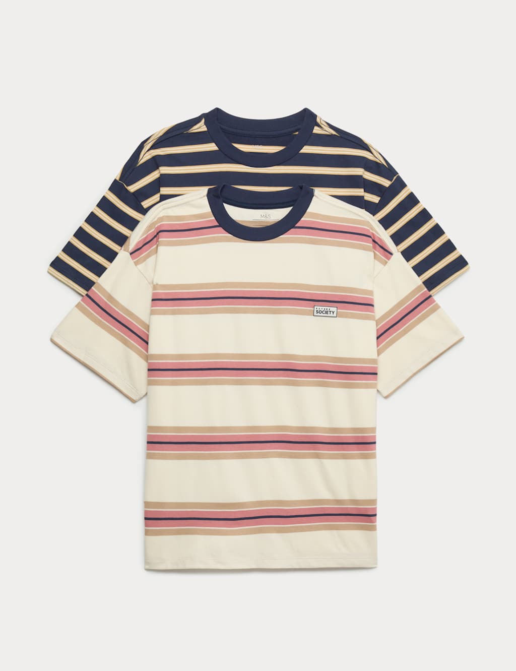M&S Boys 2 Pack Pure Cotton Striped T-Shirts (6-16 Yrs) - 6-7 Years - Navy Mix
