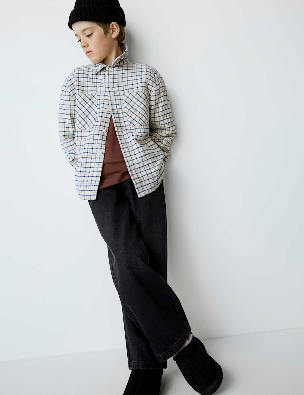 M&S Collection Boys Pure Cotton Checked Shirt (6-16 Yrs) - 14-15 - Ecru Mix, Ecru Mix