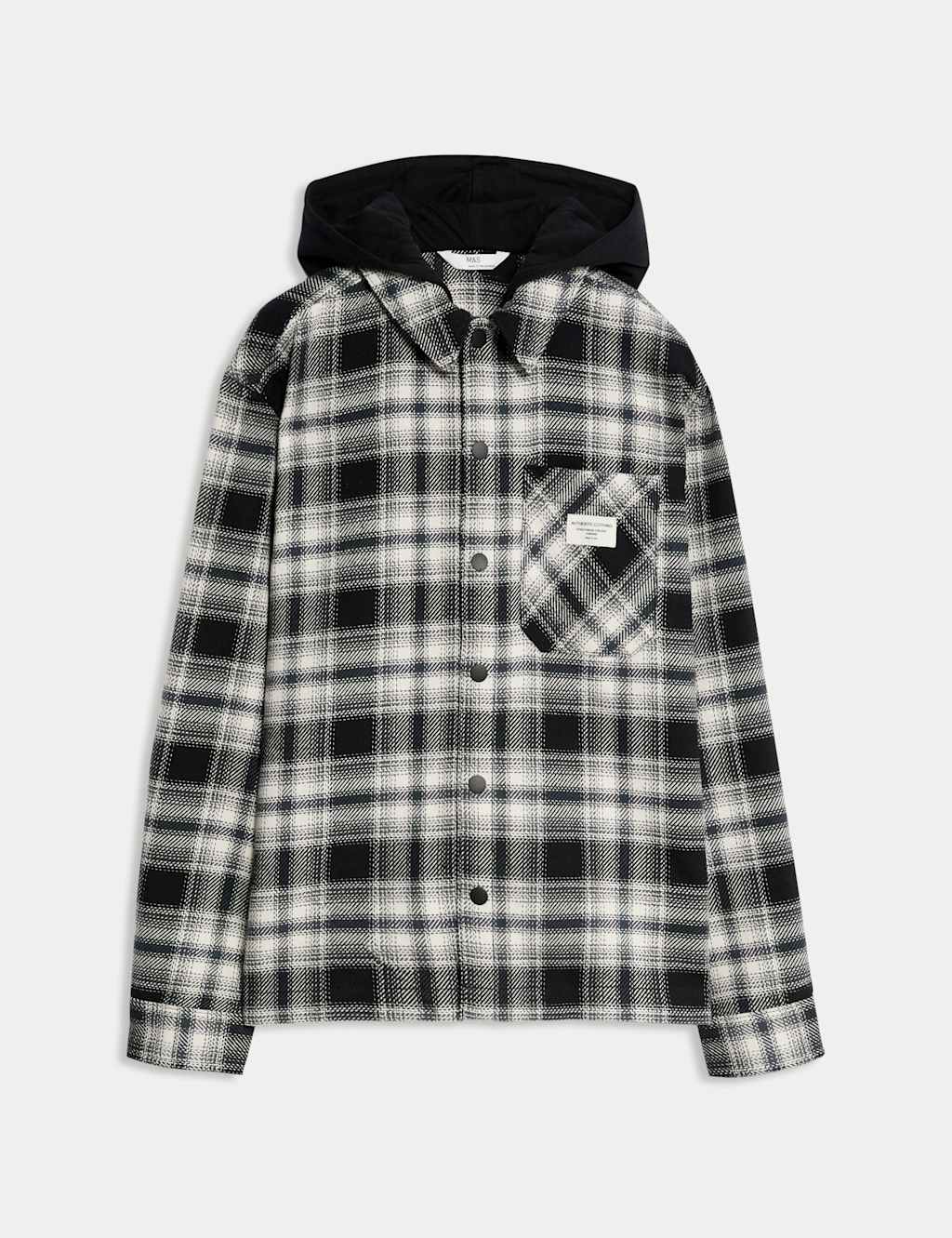 M&S Collection Boys Pure Cotton Hooded Checked Shirt (6-16 Yrs) - 14-15 - Black Mix, Blue Mix,Black Mix