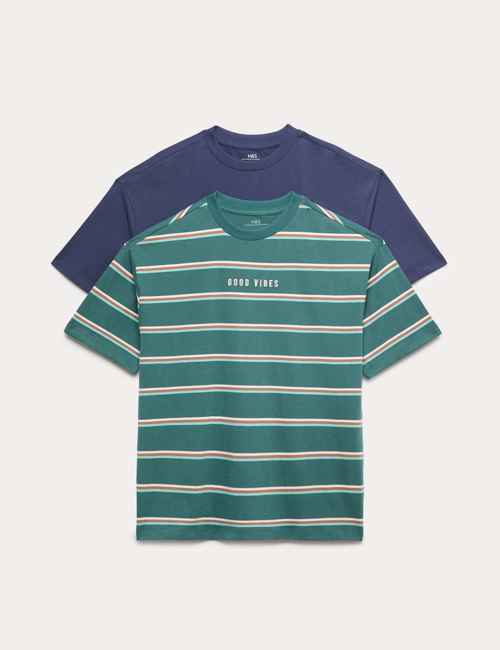 M&S Boys 2 Pack Pure Cotton Good Vibes T-Shirts (6-16 Yrs) - 7-8 Years - Green Mix