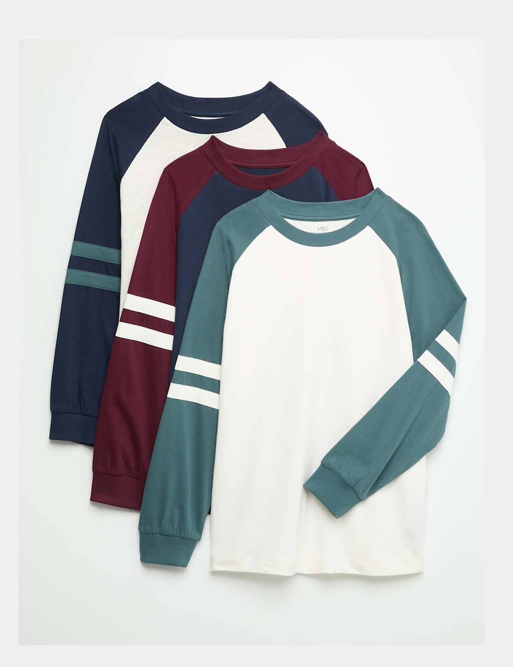 M&S Boys 3 Pack Cotton Rich Striped Sleeve Tops (6-16 Yrs) - 8-9 Years - Multi