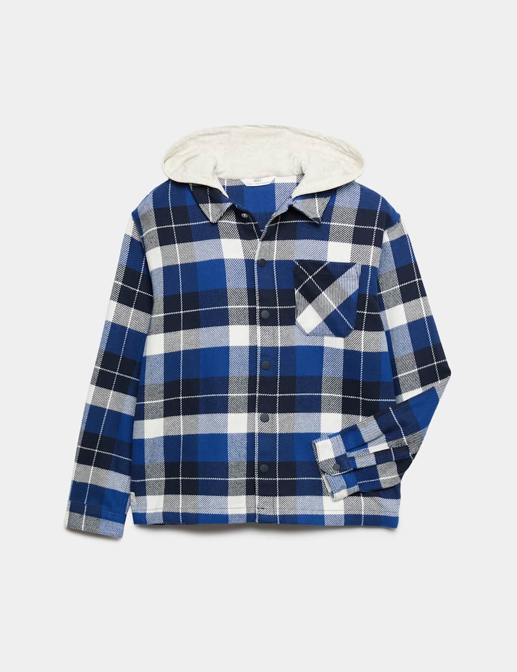 M&S Boys Pure Cotton Hooded Checked Shirt (6-16 Yrs) - 8-9 Years - Blue Mix