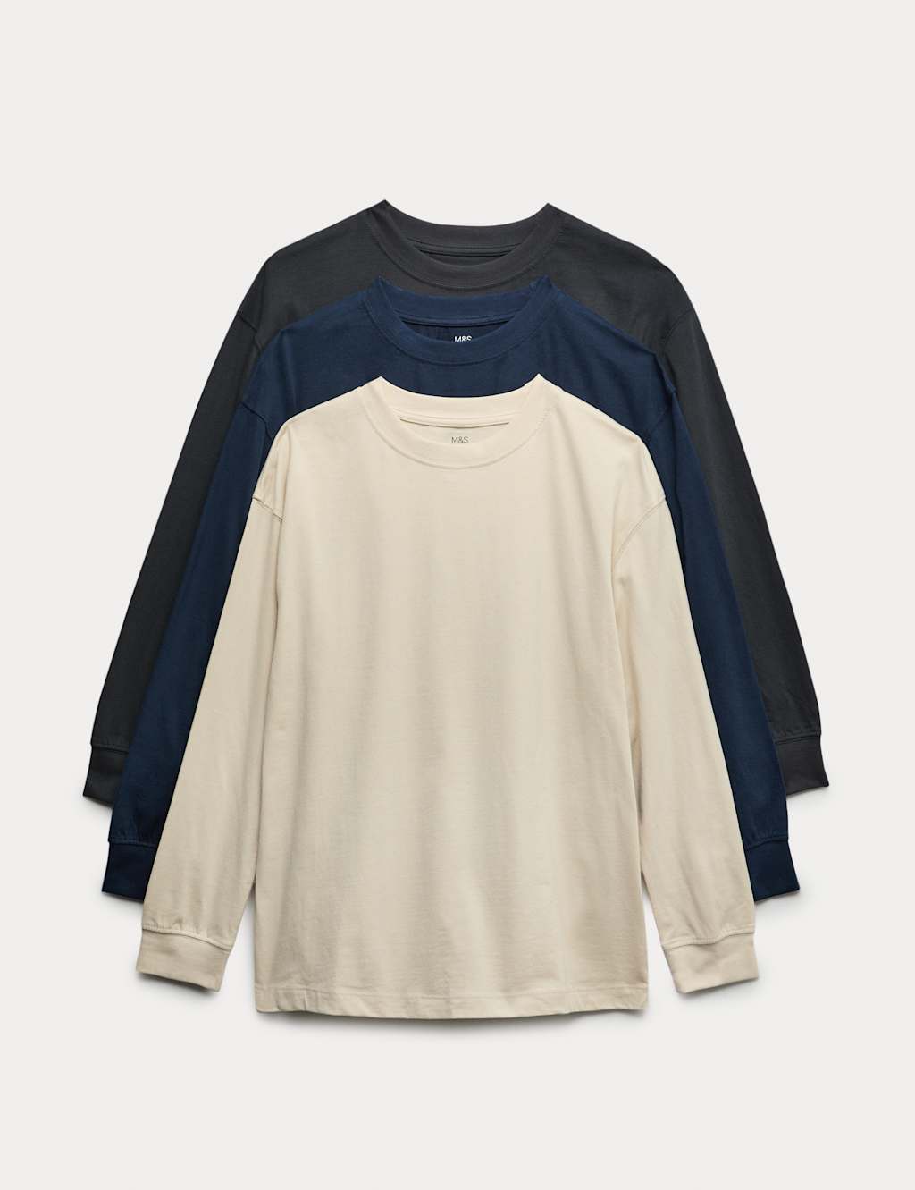 M&S 3pk Pure Cotton Long Sleeve Tops (6-16 Yrs) Navy Mix