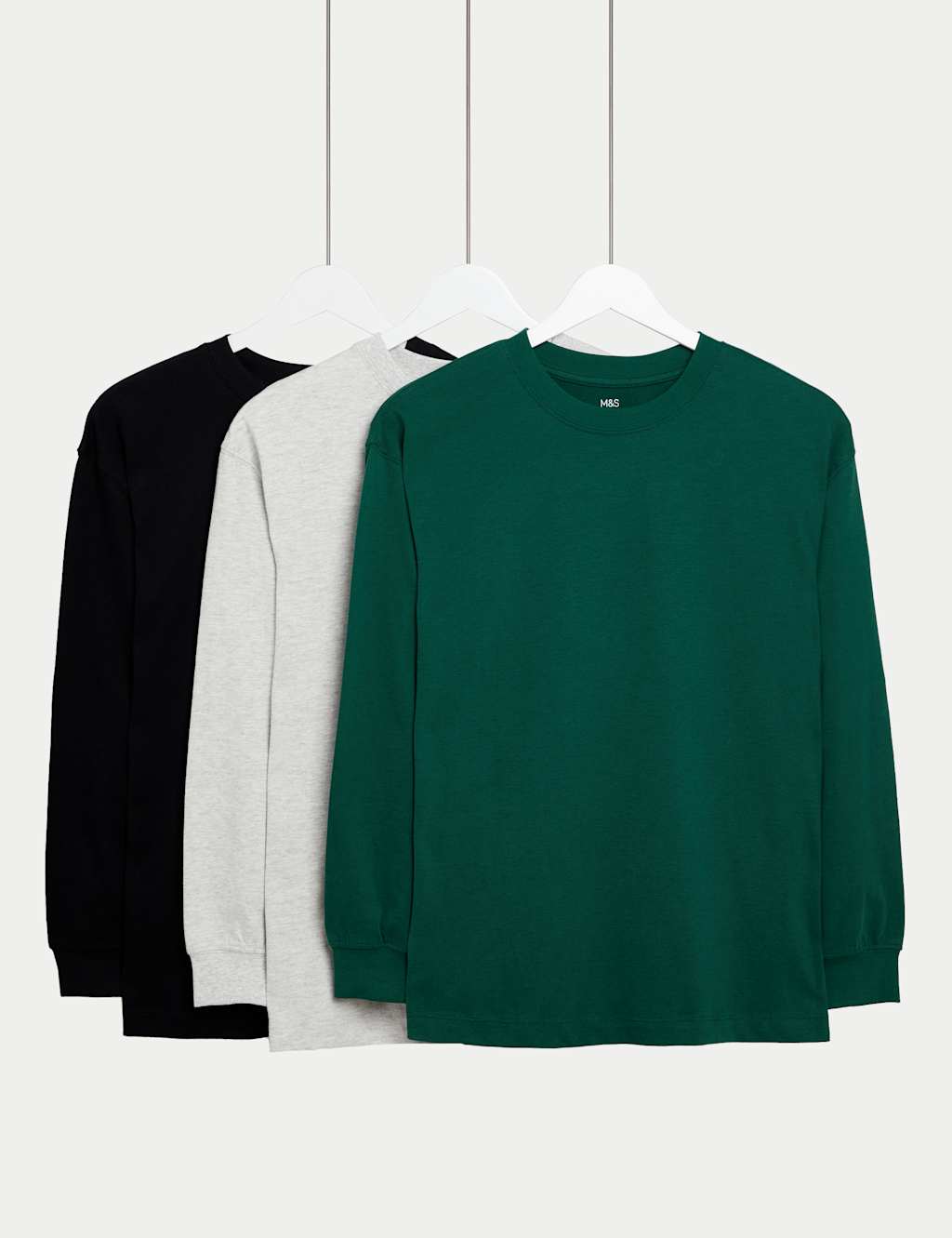 M&S 3pk Pure Cotton Long Sleeve Tops (6-16 Yrs) Green Mix
