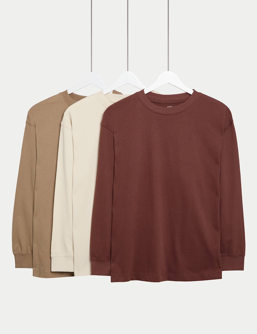 M&S 3pk Pure Cotton Long Sleeve Tops (6-16 Yrs) Brown Mix