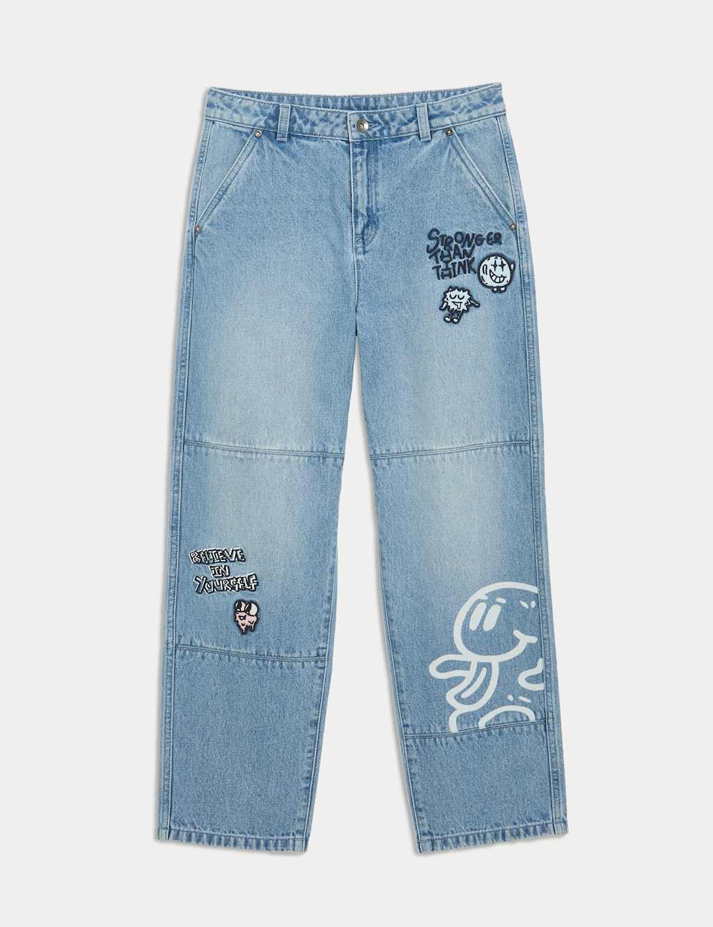 M&S Collection The Doodle Boys Pure Cotton Relaxed Slogan Jeans (4-16 Yrs) - 7-8 Y - Denim, Denim
