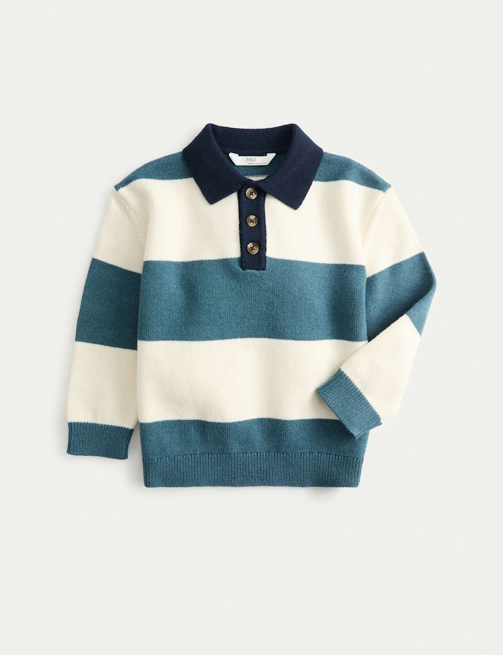M&S Cotton Blend Knitted Striped Rugby Jumper (2-10 Yrs) Green Mix