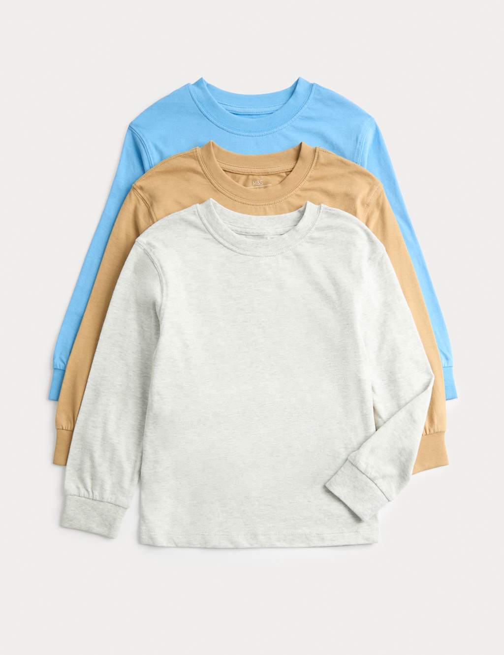 M&S 3pk Pure Cotton Long Sleeve Tops (2-8 Yrs) Neutral