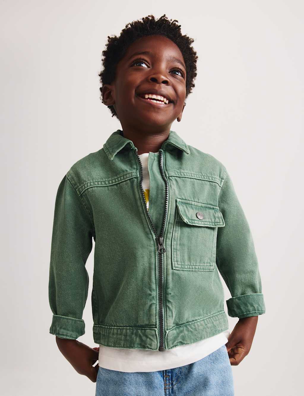 M&S Boys Garment Dyed Zip Up Denim Shacket (2-8 Yrs) - 2-3 Years - Green Mix