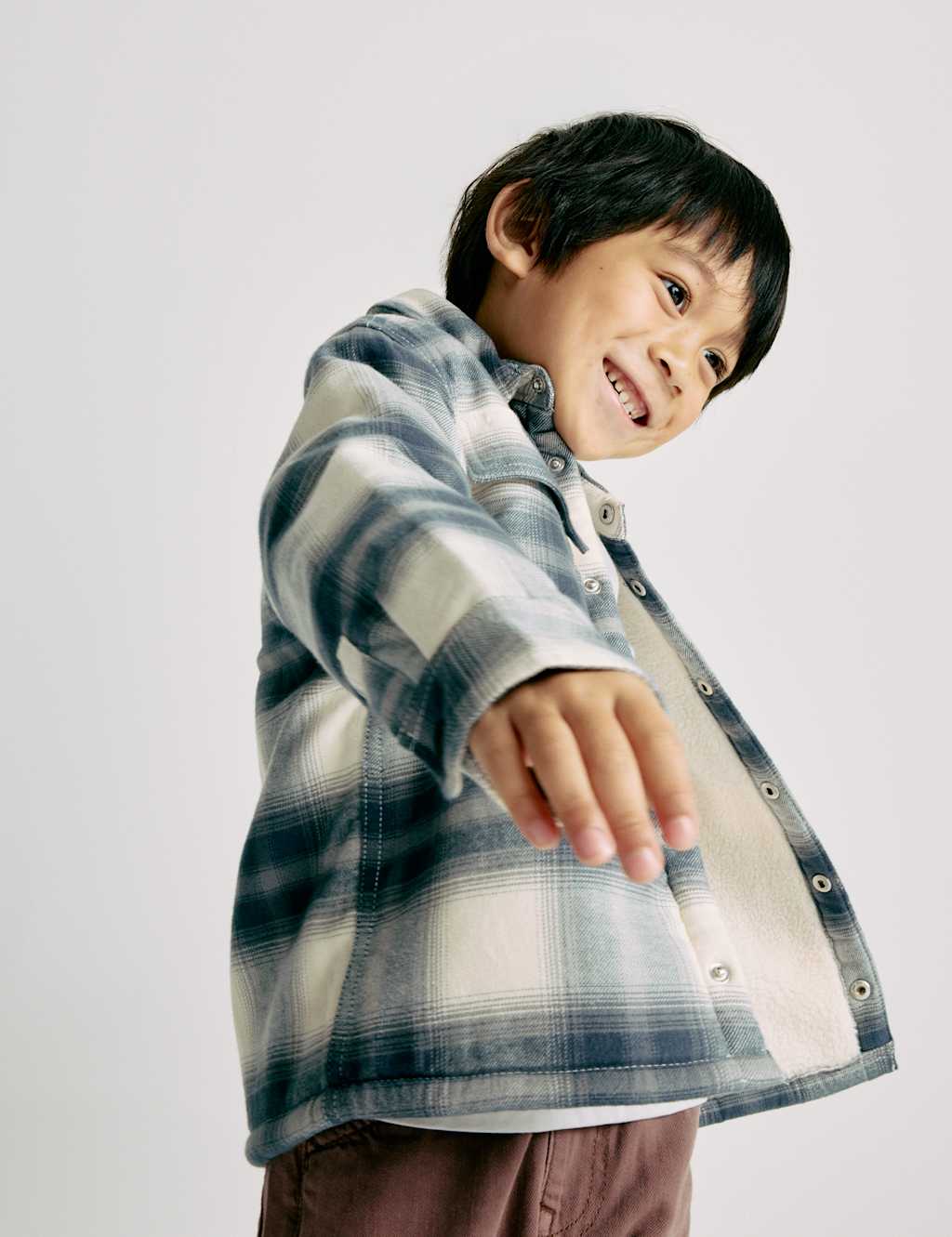 M&S Pure Cotton Borg Lined Checked Overshirt (2-10 Yrs) Grey Mix