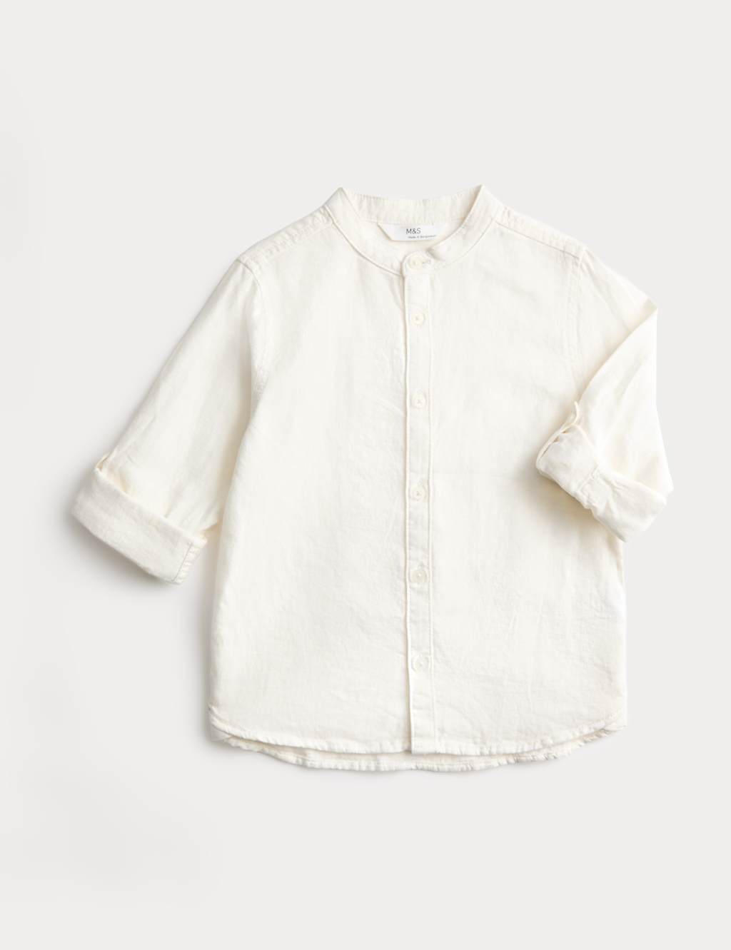 M&S Boys Linen Rich Grandad Shirt (2-8 Yrs) - 7-8 Years - White