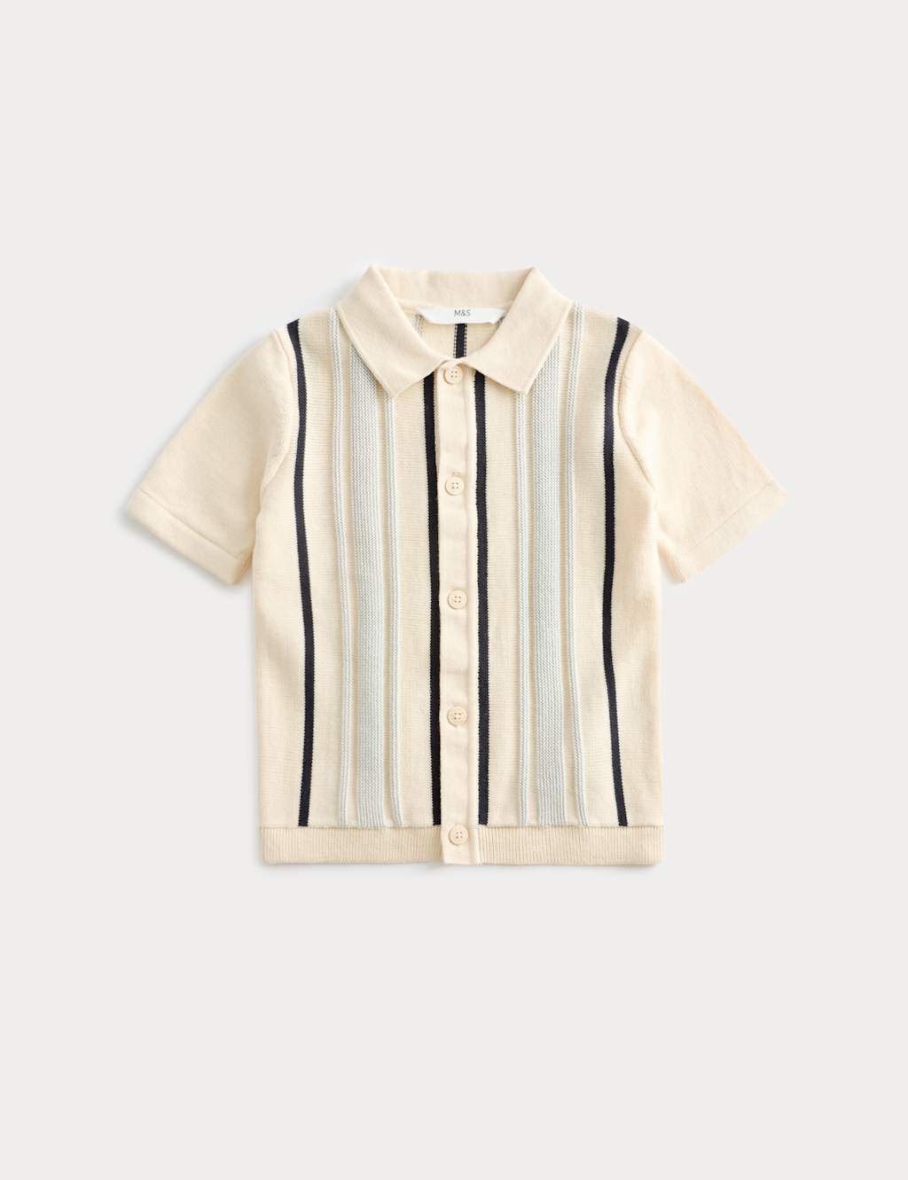 M&S Boys Pure Cotton Striped Knitted Shirt (2-8 Yrs) - 6-7 Years - Ecru Mix
