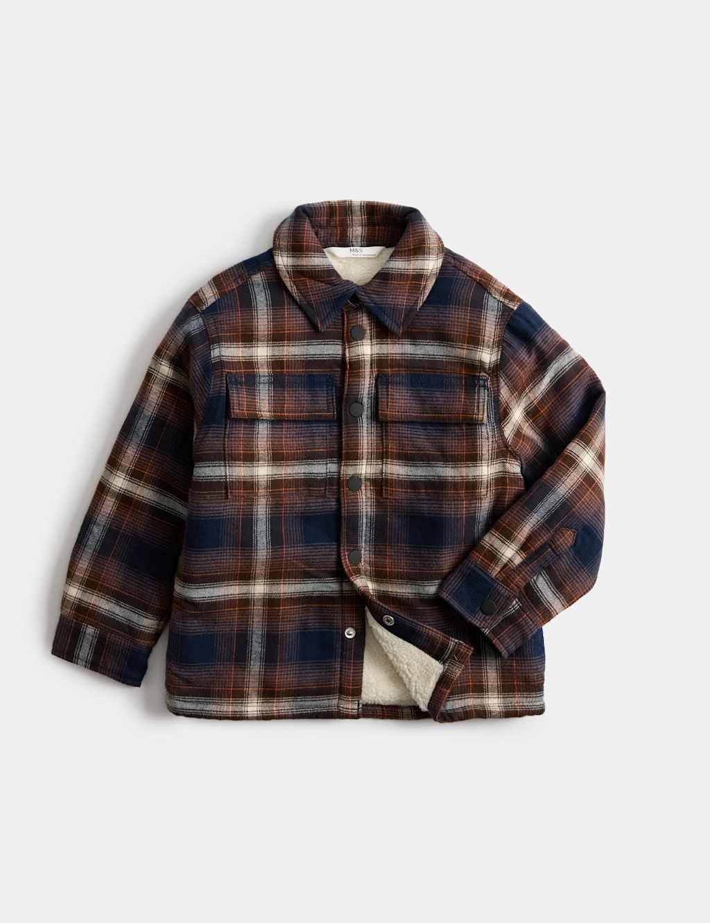 M&S Boys Pure Cotton Borg Lined Checked Jacket (2-8 Yrs) - 7-8 Years - Navy Mix