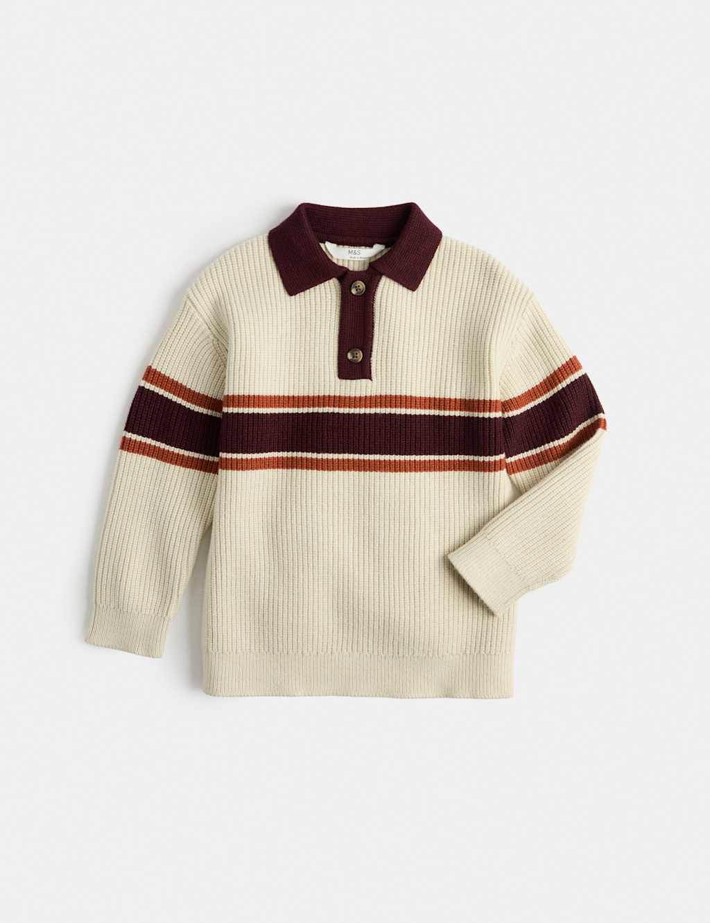 M&S Boys Knitted Stripe Collared Jumper (2-8 Yrs) - 3-4 Years - Cream Mix