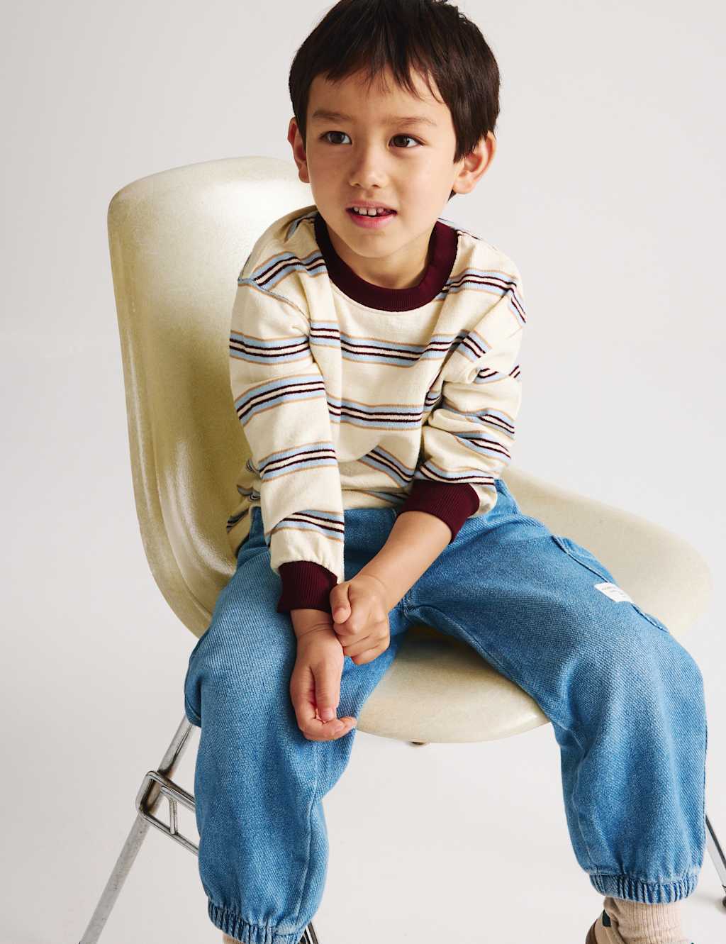 M&S Boys Pure Cotton Textured Striped Top (2-8 Yrs) - 2-3 Years - Cream Mix