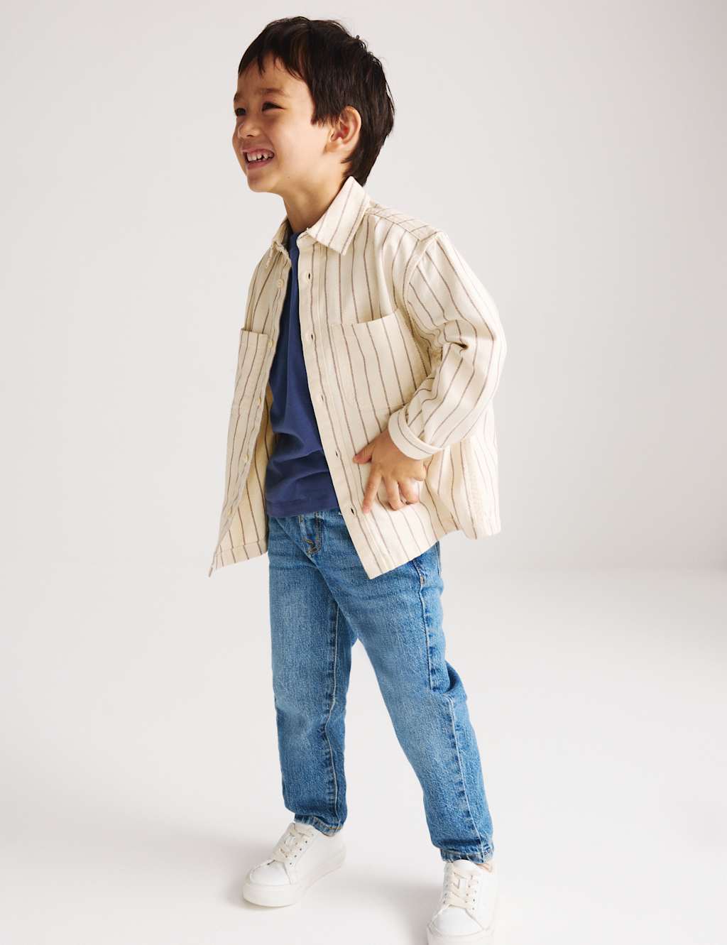 M&S Boys Pure Cotton Striped Overshirt (2-8 Yrs) - 3-4 Years - Ecru Mix