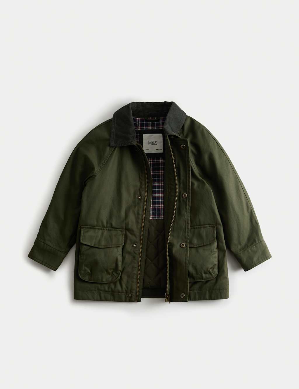 M&S Collection Boys Waxed Jacket With Corduroy Collar (2-8 Yrs) - 6-7 Y - Pine Green, Pine Green,Navy