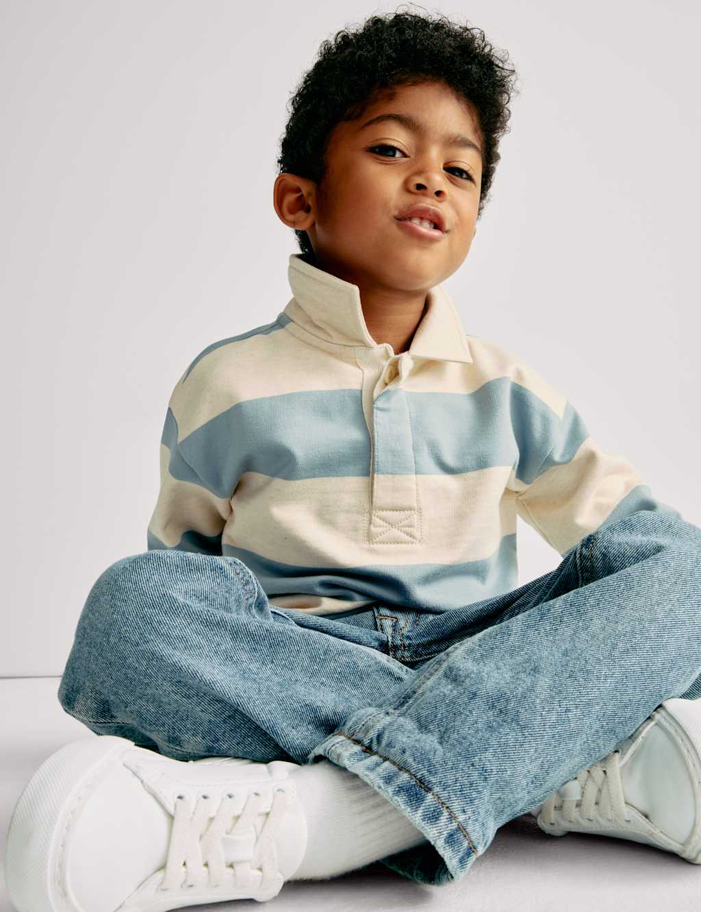 M&S Collection Boys Pure Cotton Collared Rugby Sweatshirt (2-8 Yrs) - 6-7 Y - Light Blue Mix, Light Blue Mix,Black Mix