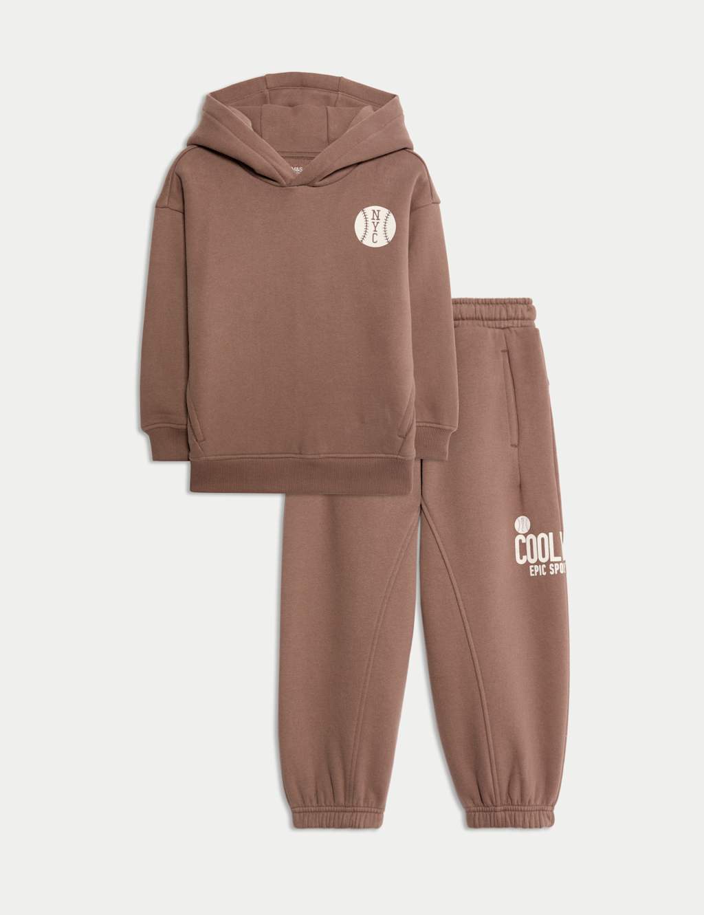 M&S Cotton Rich Baseball Top & Jogger Set (2-8 Yrs) Brown