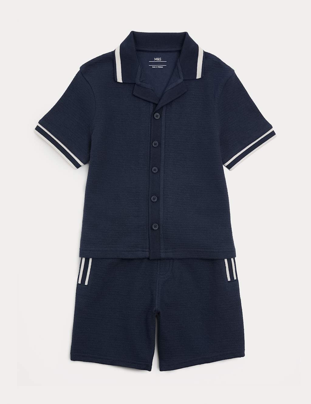 M&S Boys 2 Piece Cotton Rich Textured Top & Bottom Outfit (2-10 Yrs) - 2-3 Years - Navy